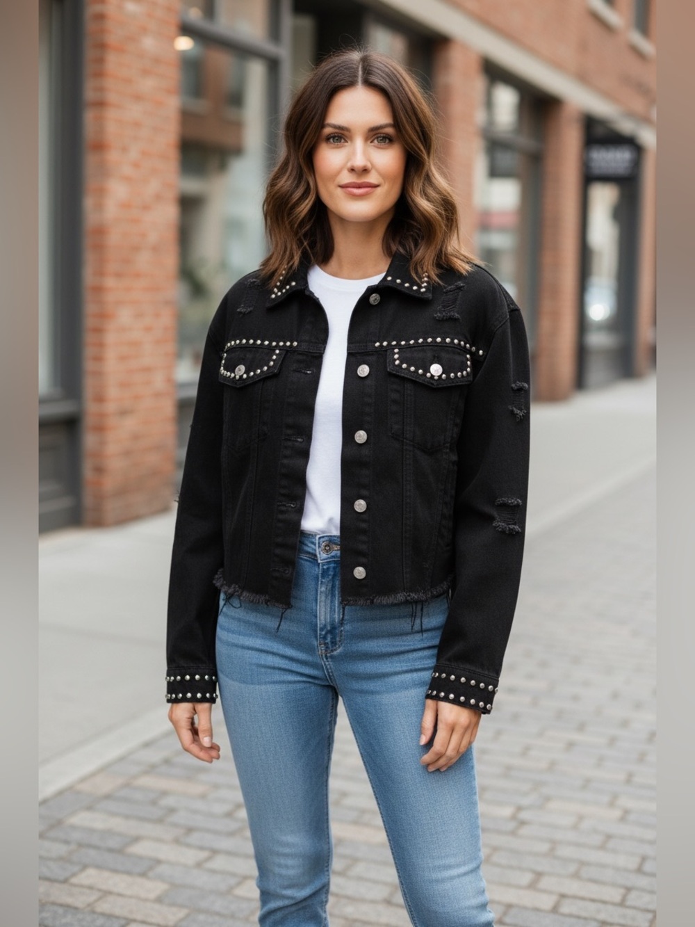 WESTERN BOHO STUDDED Cropped Distressed DENIM JACKET XL